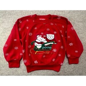 VTG Santabear Red Fleece Sweatshirt Christmas Snowflakes Bears Sleigh Sz 6‎